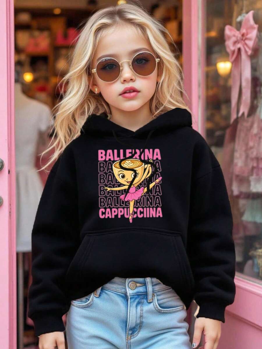 KID003|sudadera para niña|Sudadera con capucha Otoño/Invierno 2025|Sudadera estampada elegante para edades de 3 a 15 años|Cómodo y cálido|Enviado desde México|Temporada de regreso a clases|Halloween |Para uso diario y regreso a clasesSudadera para niñas con diseño único de ballerina interpretada como una taza de cappuccino, cómoda y estilo atemporal - Negro - Ver 1