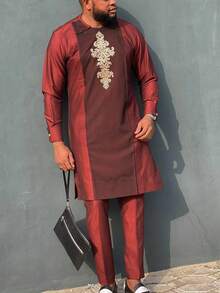 Dashiki African Men Suit Long Sleeve Embroidered Crew Neck Shirt And Casual Pants 2 Pieces Set Kaftan Festive Wedding Party Traditional Clothing For Men - Red - View 1