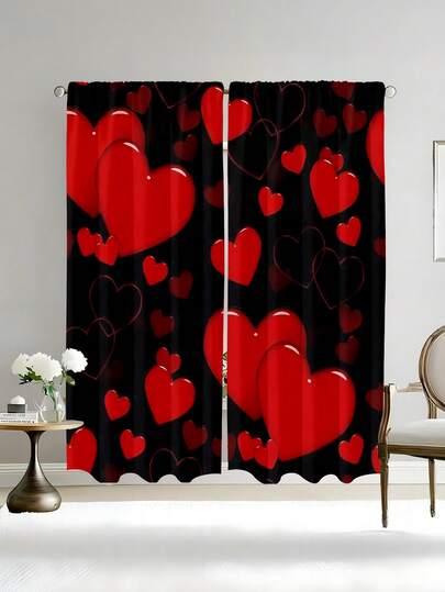 2 Peças de Cortinas de Coração de Poliéster - Bottom Preto com Design de Coração Vermelho Vibrante, Lavável em Máquina, Adequado para Decoração de Feriados e Uso Diário