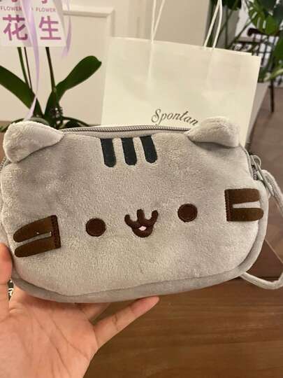 Estuche para lápices de peluche con diseño de gato gris gordo, estilo ins, de gran valor para estudiantes, bolsa de almacenamiento de gran capacidad con dibujos animados