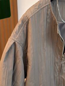 Women's Casual Jacket, Striped Woven Fabric, Pockets, Zipper, Puff Shoulder Design, Oversized Fit, Suitable For Various Figures, High-Quality Solid Color, Simple & Fashionable, Versatile For Daily Commute In Autumn/Winter - Grey - View 6