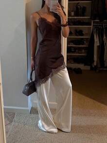 Women Lace Trim Satin High Low Tops Silk Spaghetti Strap Side Split Asymmetrical Cami Top Flowy Silky Layering Tops - 咖啡棕 - 查看 4