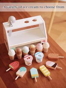 儿童木制冰淇淋柜台玩具套装，幼儿女孩玩具厨房玩具套装过家家礼物，适合 3 4 5 6 岁女孩或男孩，食物舀取和盛放玩具，适合 3-8 岁儿童的玩具厨房套装