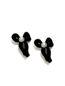 2入組女款黑色天鵝絨珍珠蝴蝶結髮夾 小珍珠抓夾 日常/約會/通勤 百搭髮飾 - 黑色 - 查看 7