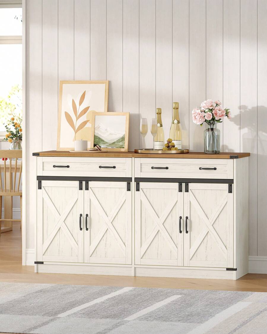 HaluPeit Kitchen Storage Cabinet, Bathroom Storage Cabinet, Coffee Bar, Modern Farmhouse Buffet Cabinet With Storage, Sideboard Cabinet With 2 Doors And 1 Drawer, Kitchen Storage Cabinets With Adjustable Shelves For Dining Room, White Brown - trắng nâu - Xem 1