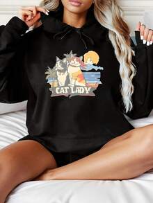 Women's Fashionable Black Hooded Sweater With Catwoman Beach Pattern Print - Warm Long-Sleeved Pullover, Casual Strap-On Hooded Sports Shirt, Suitable For All Seasons, Casual Pullover Shirt