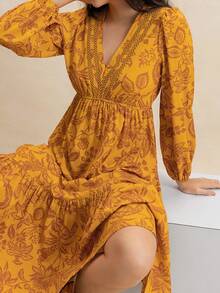 Rusttydustty Vestido romántico de mujer estilo bohemio con cuello en V, encaje y flores multicolor, adecuado para bodas, San Valentín, Año Nuevo y otras ocasiones, también apropiado para uso en fiestas