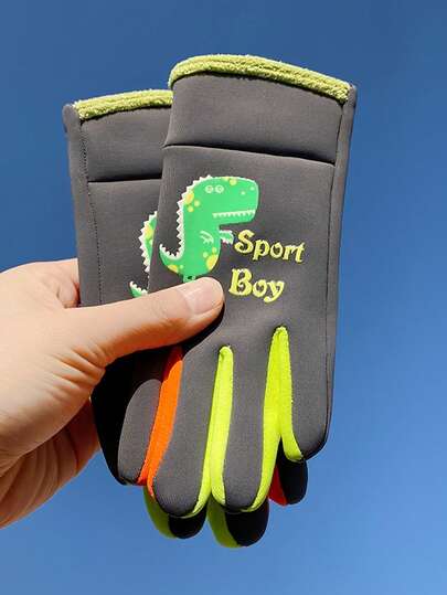 1Pair Kids' Warm Gloves - Cartoon Dinosaur Design, Windproof & Cold-Resistant Fingerless Gloves For Outdoor Activities, Snow Play, And Cycling - Polyester Material, 2-8 Years, Outdoor Gloves|Playful Design|Polyester Gloves