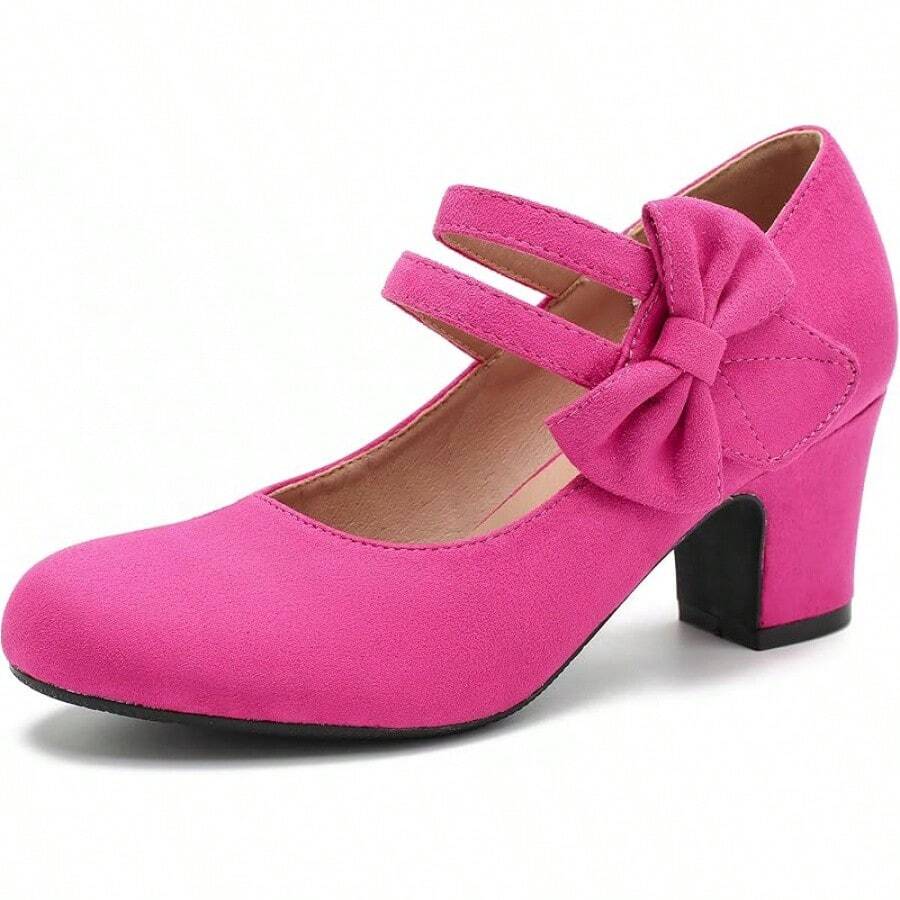 Enelauge Women's Mary Jane Heels With Bow Retro Closed Round Toe Pumps Sweet Ankle Strap Low Block Heels Chic Bowtie Vintage Dress Wedding Party Office Daily ShoesChristmas - 亮粉色絨面革 - 查看 1