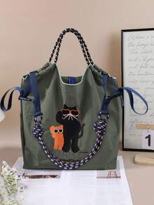 New Cross-Border Japanese Style Women's Handbag, Nylon Embroidered Shopping Tote, Fashionable Cute Cat Glasses Daily Commute Shoulder Bag