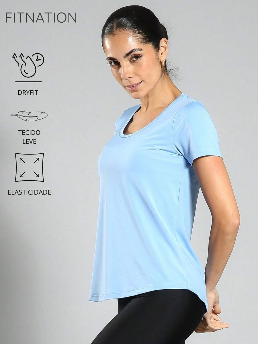 FITNATION Women's Dry Fit Fitness T-Shirt In Perforated Fabric With LYCRA That Dries Sweat Quickly, Ideal For Sports Activities. - 泳池藍色 - 查看 1