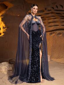 Enchanted Midnight Sapphire Sequin-Embroidered Mermaid Gown With Detachable Crystal Chain Cape & Sweetheart Illusion Neckline - Opulent Red Carpet Wedding Guest Dress, Hand-Beaded Sheer Tulle Evening Elegance For Galas