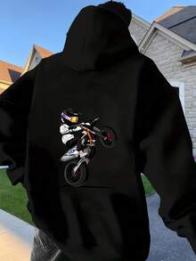 Sudadera con capucha de motocicleta para hombres con estampado en la espalda - Sudadera gráfica de motocross llena de acción, sudadera con capucha casual para todas las estaciones para entusiastas de las motocicletas (lavable aáquina) - Negro - Ver 1