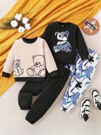 4 件套小男孩休闲熊图案印花纯色长袖圆领运动衫和运动裤套装，适合休闲、运动、日常穿着、户外、学校、春秋季