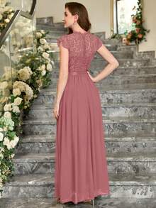 MIUSOL 花卉蕾丝短袖雪纺缎面收腰正式派对长裙，优雅女士派对礼服，舞会礼服，婚礼宾客礼服，毕业典礼礼服，晚礼服 - 藕粉色 - 查看 3