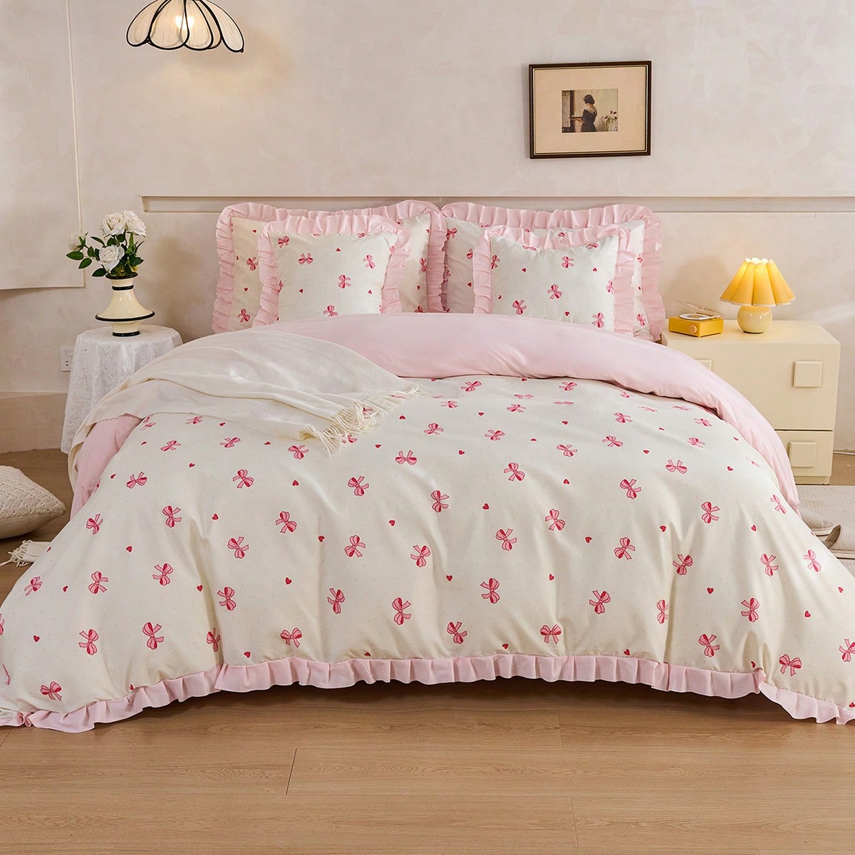 Piezas Juego de Ropa de Cama Estilo Francés Romántico, Incluye 1 Funda Nórdica y 1/2 Fundas de Almohada, Suave y Transpirable, Elegante y Lindo, De