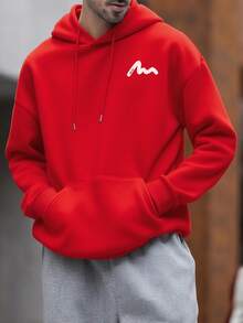 男士印花保暖连帽衫，街头风，秋冬季长袖上衣 - 紅色 - 查看 3