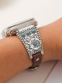 1 pieza Correa de reloj de cuero turquesa retro compatible con Apple Watch, pulsera de reloj con diseño floral plateado compatible con Apple Watch