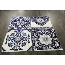 4件套花卉植物图案藏青色和白色涤纶枕套，复古波西米亚风格装饰靠垫套，45*45厘米/17.71英寸X17.71英寸，适用于客厅、卧室、沙发、床装饰，不含枕芯