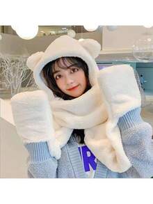 Plush Bear Ear Beanie Scarf Set, Cute Knitted Winter Hat For Women, Warm Thermal Lined Fall Valentines Gift,Beach,Travel - Multicolor - View 3