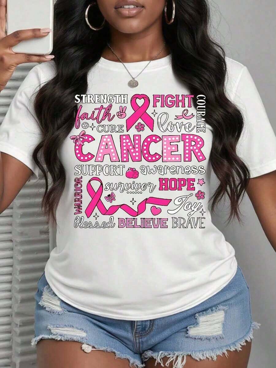 Women's Pink Awareness T-Shirt - Breast Cancer Awareness Pink Ribbon Graphic T-Shirt - Short Sleeve, Crew Neck, Casual Sport Tee, Supportive Comfort, Relaxed Wear | Geometric Design | Smooth Texture, Breast Cancer Awareness Flyer-Unisex - 白色 - 查看 1