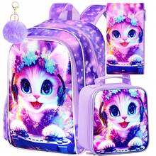 3PCS Girls Backpack, 16 "Kids Cat Play Bookbag, School Bag For Elementary Preschool Toddler