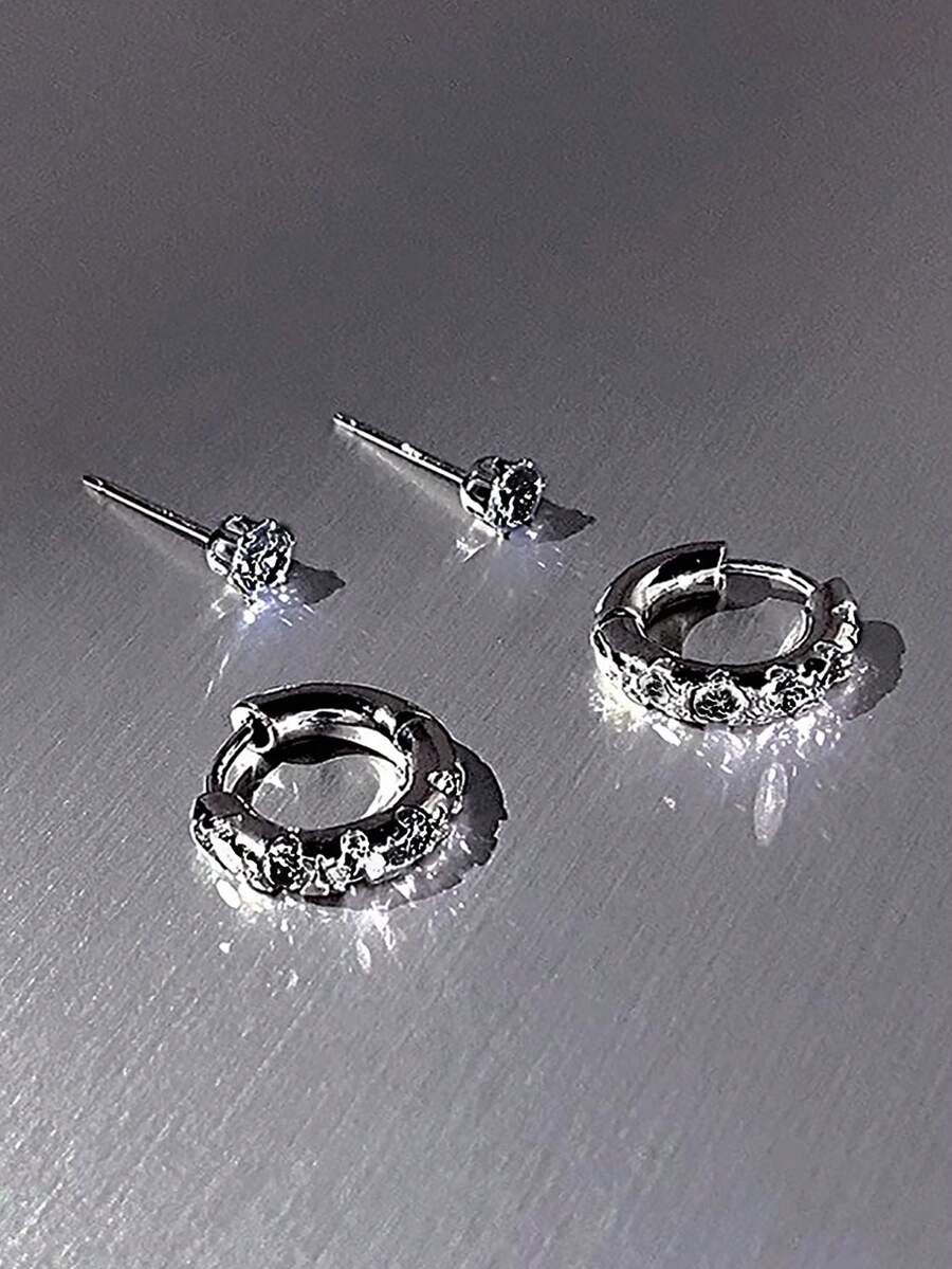 2 对时尚简约优雅奢华小巧铜方晶锆石耳环套装女士 - 黑色 - 查看 1