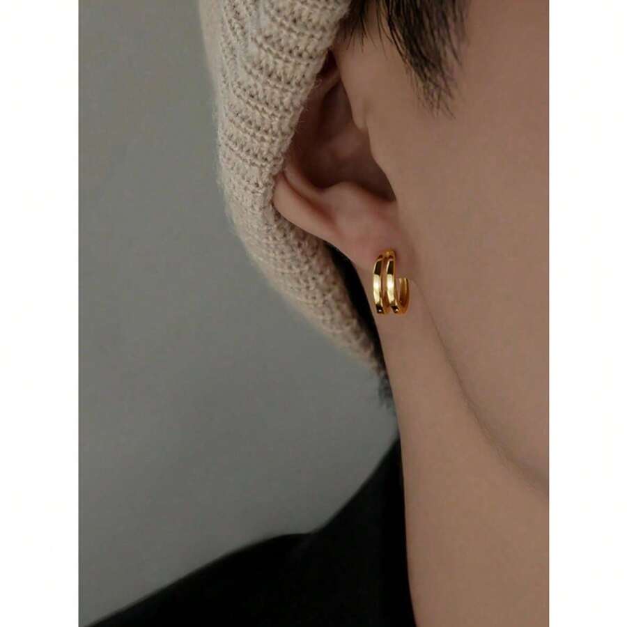 1 Pair Minimalist Double-Layer Arc Hoop Earrings, Suitable For Men Everyday, Festival, Party Wear Christmas New Year Valentine's Day Holiday Gift - 彩色 - 查看 1