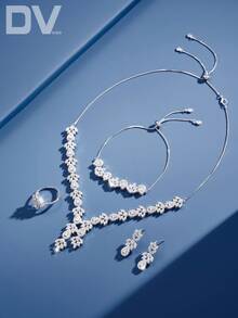 DV JEWELRY Bộ trang sức cao cấp 5 món - Dây chuyền, vòng tay, bông tai, nhẫn hở, đính đá Cubic Zirconia mạ bạch kim, bộ quà tặng cưới/kỷ niệm sang trọng kèm hộp quà. - Bạc - Xem 8