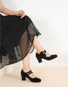 Enelauge Women's Mary Jane Heels With Bow Retro Closed Round Toe Pumps Sweet Ankle Strap Low Block Heels Chic Bowtie Vintage Dress Wedding Party Office Daily ShoesChristmas - 黑色絨面革 - 查看 3
