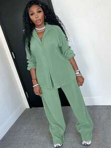 2pcs Women's Fashionable Pleated Shirt And Comfortable Wide-Leg Pants Set, Casual, Ladies Spring/Fall Casual Pocket, Zipper Long Sleeve Loose Blouse Pants Women Two-Piece Outfits, Casual Daily Wear - hồ xanh - Xem 4