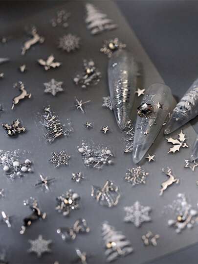 2025圣诞美甲贴纸，1张5D圣诞树和蝴蝶结美甲贴纸，5D浮雕自粘美甲贴纸，DIY奢华新年美甲装饰贴纸，带水钻