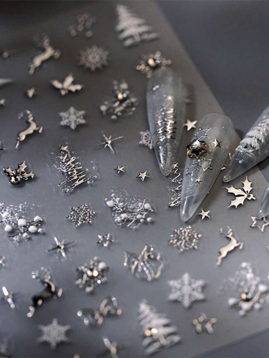 2025圣诞美甲贴纸，1张5D圣诞树和蝴蝶结美甲贴纸，5D浮雕自粘美甲贴纸，DIY奢华新年美甲装饰贴纸，带水钻 - 彩色 - 查看 1