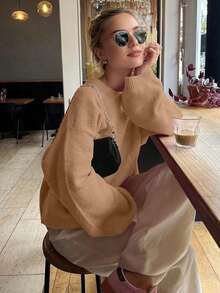Autumn/Winter New Girl Style Round Neck Long Sleeve Knit Sweater, Women's Loose Minimalist Versatile Drop Shoulder Pullover - Maca Color - View 3