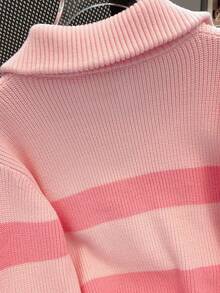 大码女装秋冬新款方拉链条纹针织毛衣，时尚高端简约可爱优雅套头衫，百搭粉色 - 粉色 - 查看 5