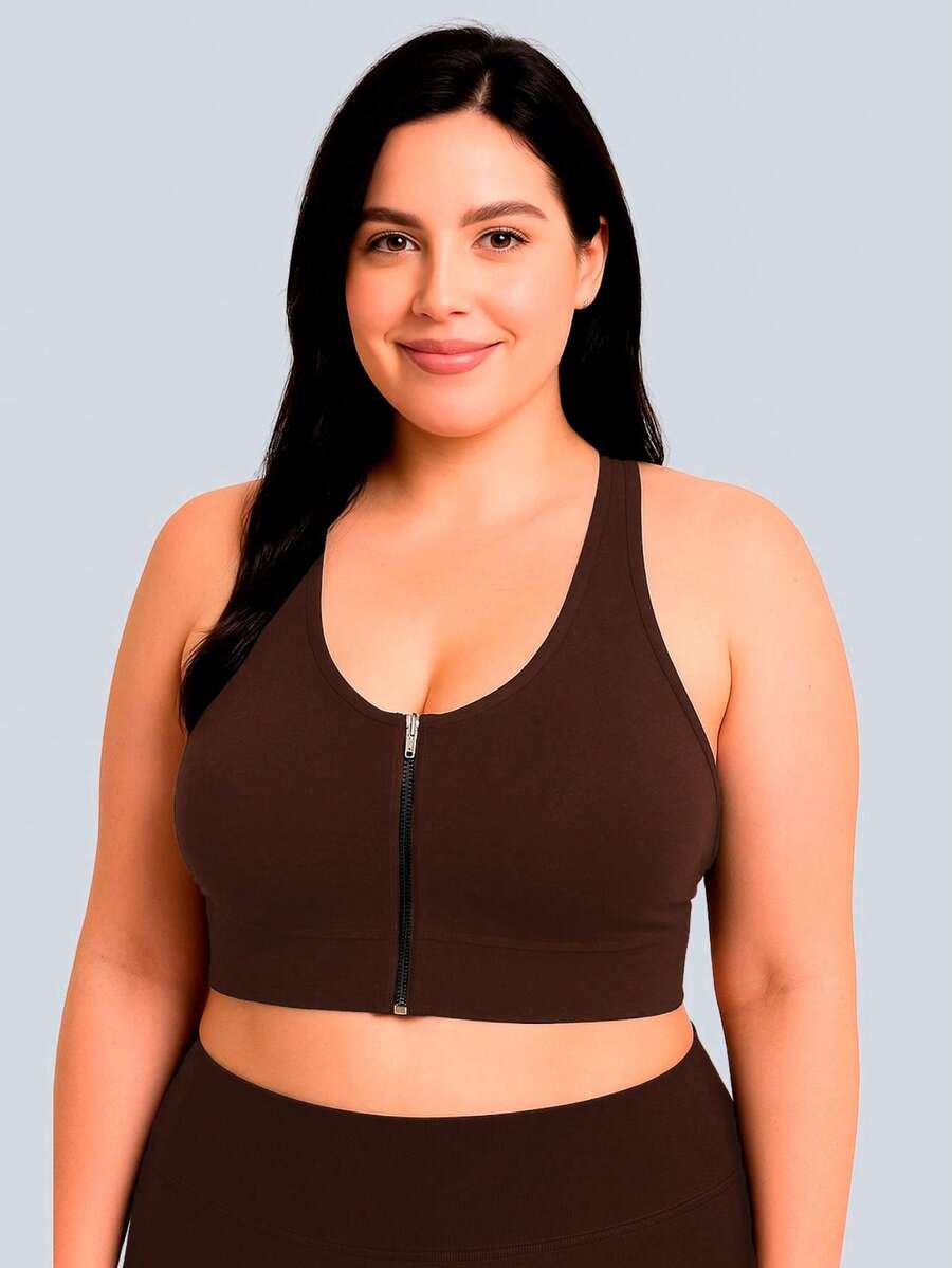 Wolfox Plus Size Fitness Tops With Zipper And Removable Pad For Gym - 鏽棕色 - 查看 1