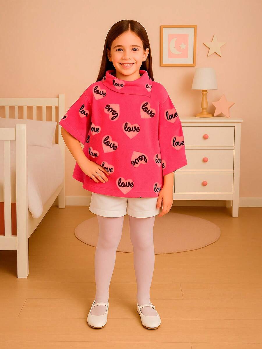 Capa para Niña con Cuello y Botón, Estampado de Corazones - Rosa Fucsia - Ver 1