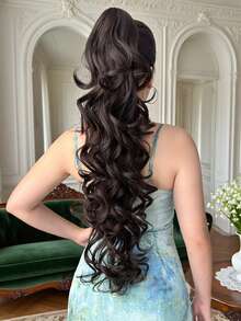 28-Inch Wavy Curly Clip-On Ponytail Wig, Heat Resistant Fiber, Suitable For Daily Wear And Parties, Black-Brown Color - Dark Brown - View 12