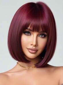 12-Inch Wine Red Bob Wig With Bangs, High Density, Versatile & Fluffy, Suitable For Women, Cosplay & Halloween - Multicolor - View 3