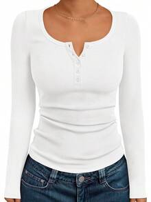 Long Sleeve Shirts For Women Henley Ribbed Fall Tops Dressy Business Casual Teen Girl Winter Cute Basic Tees - màu nâu - Xem 6