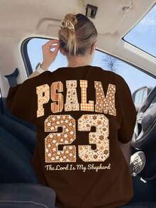 Áo thun nữ tay ngắn cổ tròn kiểu dáng thường ngày, in hình câu Kinh Thánh Thi Thiên 23 "Chúa là người chăn chiên của tôi", thiết kế mang hơi hướng tôn giáo cổ điển, phù hợp cho mùa thu/đông/hè. - Màu xám đen - Xem 4