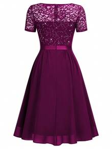 MIUSOL Elegant Women's V-Neck Contrast Lace Sequin Maroon Flowy Chiffon Swing Dress, Ruffle Trim Ruched Hem, For Wedding Guest, Prom, Homecoming, Birthday Party - 紫紅色 - 查看 8