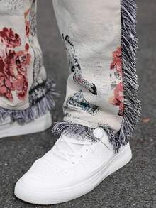 Men's Fashion Jeans Butterfly Floral Jacquard Fringe Hem Trousers Multi-Pocket Cargo Pants Slim Straight Pants Streetwear - 白色 - 查看 4