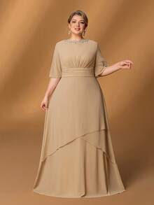Faeriesty Mosy Plus Mother Of The Bride Dress Featuring Round Neck With Rhinestone Details, Flattering Ruffled Half Sleeves And Gorgeous A-Line Skirt – Perfect For Upscale Evening Galas, Luxurious Family Reunions, Sacred Church Ceremonies, Prestigious Social Events