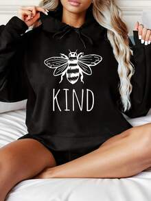 Women's Fashionable Black Hooded Sweater With KIND Bee Pattern Print - Warm Long-Sleeved Pullover, Casual Strap-On Hooded Sports Shirt, Suitable For All Seasons, Casual Pullover Shirt
