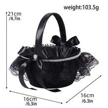 Flower Girl Satin Baskets Elegant Lace Trimmed Handle Bow Rhinestone Flower Baskets For Wedding Ceremony ﻿ - Black - View 7