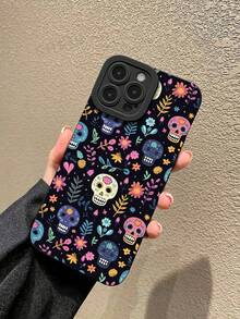 1pc Fashion Halloween Flower, Leaf, Skull Painted Pattern, Black Matte Texture TPU Material Eye-Catching Anti-Drop Phone Case, Suitable As Gift For Boyfriend/Girlfriend, Compatible With Apple, Compatible With OPPO, Compatible With Vivo And Other Android Models,International Version, Not The Domestic Version - Multicolor - View 2
