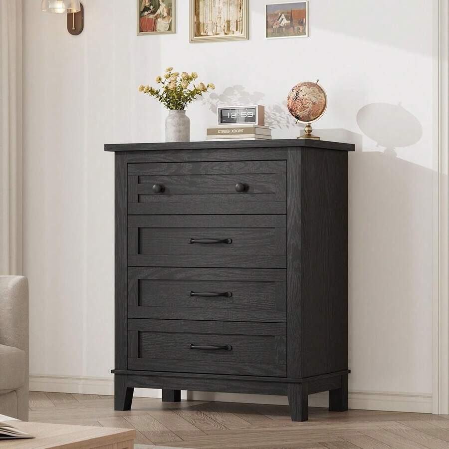 mteryoing Home 4 Dresser For Bedroom, 34.8" Tall Vertical Drawer Dresser With Large Storage, Freestanding Wooden Closet Chest For Bedroom, Living Room - 黑色 - 查看 1