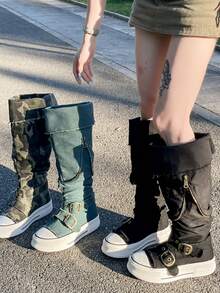 小众设计涂鸦搭扣高帮女式运动鞋，2025春季新款百搭运动鞋，紧身裤筒叠层踝靴 - 藍色 - 查看 4