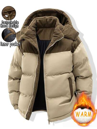 男士夹克，拼色可拆卸连帽夹克，时尚休闲宽松运动外套，大口袋，冬季